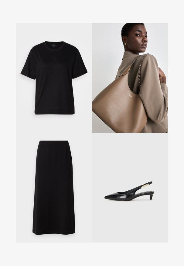Mustmust särk, millel on ümar kaelus, lühikesed varrukad ja tindiga tikitud logo rinnal. Lihtne, mugav lõige ilma mustriteta.; Mustmustükk must maksiseeliku riie, millel on sile ja pehme tekstuur ning elastne vöökoht. Lihtne, sirge lõige ilma nähtavate mustrite või kaunistusteta.; Mustad nahast slingback kontsad terava ninaga, millel on õhuke konts ja kuldse tooni aktsent reguleeritaval rihmal. Sile tekstuur.; Pruun nahkne kott, millel on sile tekstuur, kumer siluett ja metallist logo. Rihmal on dekoratiivsed nupud õmbluse ääres.