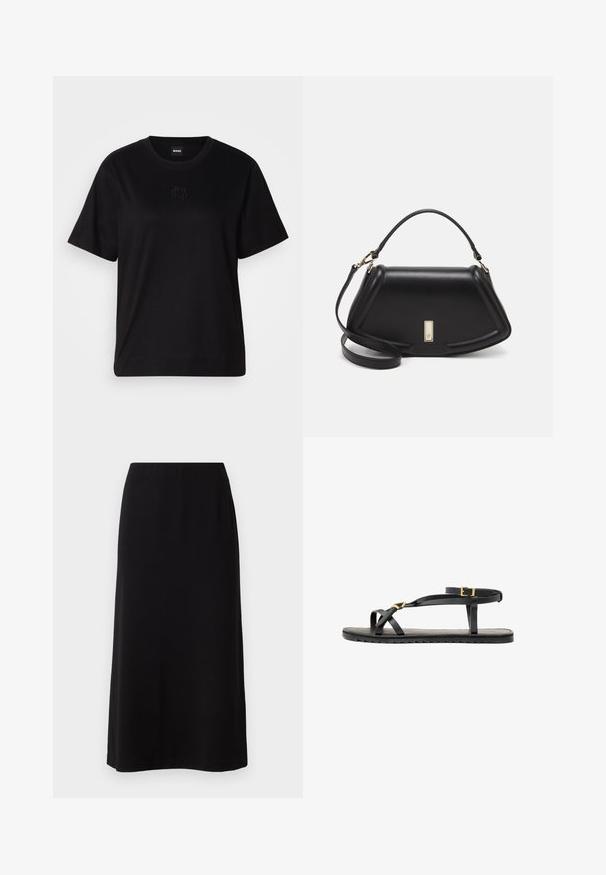 Zwarte katoenen t-shirt met een ronde hals, korte mouwen en een geborduurd logo op de borst. Eenvoudige, comfortabele pasvorm zonder patronen.; Zwarte maxi rok met een gladde, zachte textuur en een elastische tailleband. Eenvoudige, rechte snit zonder zichtbare patronen of versieringen.; Zwarte leren sandalen met dunne banden en een gespsluiting rond de enkel. Platte zool met een gestructureerde afwerking en een zigzagrand. Minimalistisch design.; Zwarte leren handtas met een gestructureerd ontwerp, featuring een verkorte vorm, bovenhandvat en gouden hardwareaccent. Inclusief verstelbare schouderband.