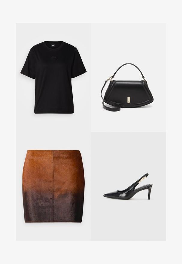 Melna kokvilnas T-krekls ar apaļu izgriezumu, īsām piedurknēm un izšūtu logotipu uz krūtīm. Vienkāršs, brīvs piegriezums bez rakstiem.; Brūns gradient mini svārki, izgatavoti no mīksta materiāla, ar gludu tekstūru, pieguļošu siluetu un precīzu šuvumu gar malām.; Melna ādas augstpapēžu kurpe ar smailu purngalu, gludu tekstūru un šauru potītes siksnu ar zelta daļām.; Melnas ādas roku soma ar struktūru, ar īsu formu, augšējo rokturi un zelta aksesuāriem. Iekļauta regulējama plecu siksna.