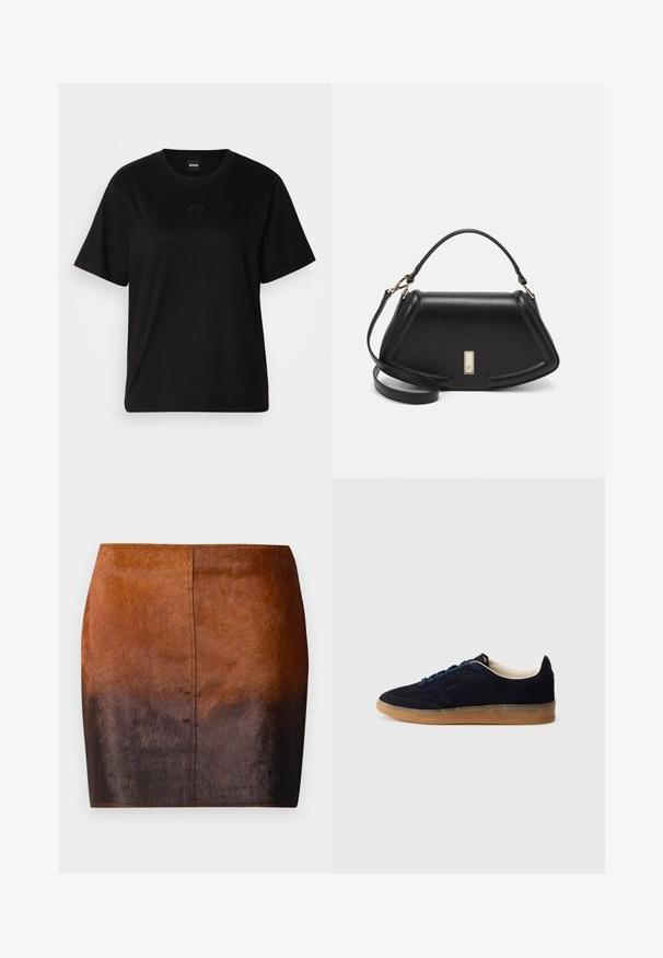 Black cotton t-shirt with a crew neckline, short sleeves, and an embroidered logo on the chest. Simple, relaxed fit with no patterns.; Brown gradient mini skirt made of soft material, featuring a smooth texture, a fitted silhouette, and precise stitching along the edges.; Navy suede sneaker with a gum rubber sole, blue laces, and minimalist design. Features embossed logo on the side and smooth inner lining.; Black leather handbag with a structured design, featuring a cropped shape, top handle, and gold hardware accent. Adjustable shoulder strap included.