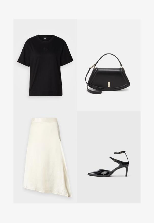 Svart bomull T-skjorte med rund hals, korte ermer og et brodert logo på brystet. Enkel, avslappet passform uten mønstre.; Et kremfarget, knelang skjørt laget av glatt sateng stoff med en lett glans. Har en A-linje design og en samlet midje for god passform.; Sorte lakkede hæle med spids tå, justerbare ankelstropper og en slank hæl. Glat tekstur med en skinnende overflade.; Sort lærveske med en strukturert design, som har en avkortet form, topphåndtak og detaljer i gull. Justerbar skulderstropp inkludert.