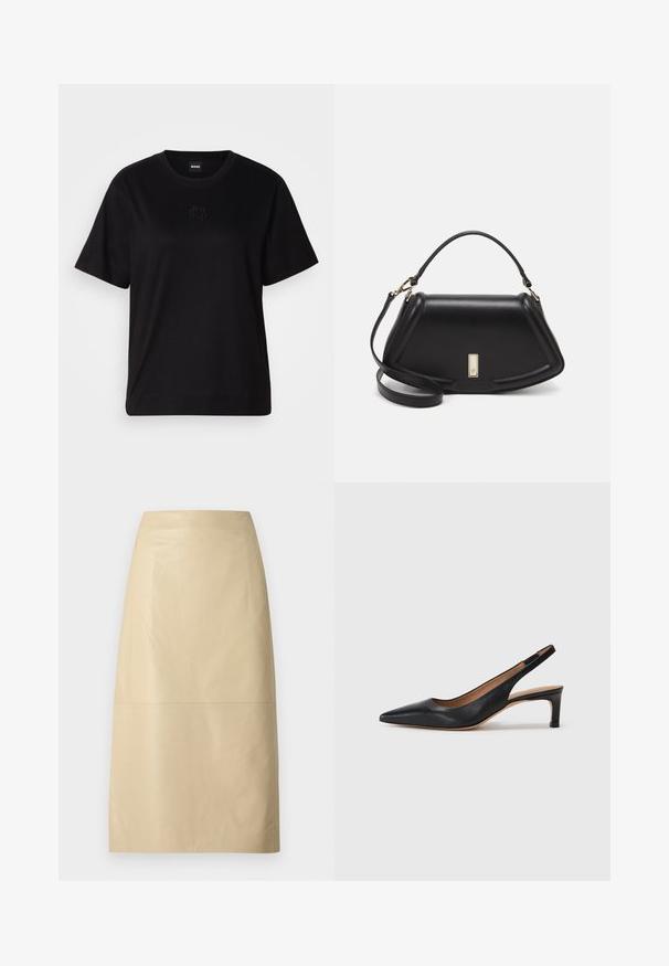 Zwarte katoenen t-shirt met een ronde hals, korte mouwen en een geborduurd logo op de borst. Eenvoudige, comfortabele pasvorm zonder patronen.; Beige leren kokerrok met een gladde textuur, middellange silhouet en minimalistisch ontwerp. Bevat een naaddetail in het midden.; Zwarte leren slingback pump met een puntige neus, lage hak en een gladde textuur. Beschikt over een dunne verstelbare band voor een veilige pasvorm.; Zwarte leren handtas met een gestructureerd ontwerp, featuring een verkorte vorm, bovenhandvat en gouden hardwareaccent. Inclusief verstelbare schouderband.
