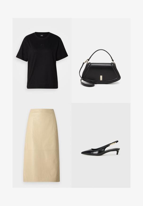 Svart bomull T-skjorte med rund hals, korte ermer og et brodert logo på brystet. Enkel, avslappet passform uten mønstre.; Beige lærpennkjørt med en glatt tekstur, mellomlang silhuett og minimalistisk design. Har en sømdetalj i midten.; Sorte lærreim hæler med spiss tå, som har en slank hæl og en gullfarget detalj på den justerbare stroppen. Glatt tekstur.; Sort lærveske med en strukturert design, som har en avkortet form, topphåndtak og detaljer i gull. Justerbar skulderstropp inkludert.