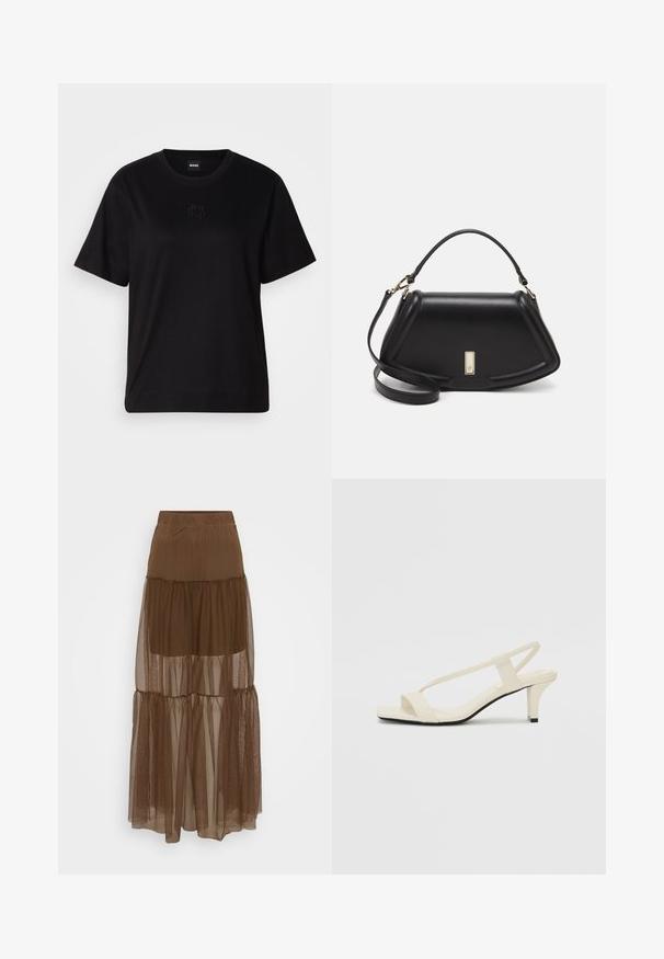 Svart bomull T-skjorte med rund hals, korte ermer og et brodert logo på brystet. Enkel, avslappet passform uten mønstre.; Brun lagdelt skjørt med et strukturert mesh-overlegg og elastisk midje. Har tre lag med gjennomsiktig stoff, som gir en flytende silhuett.; Beige blokk-høydesandaler med tynne stropper og firkantet tå. Glatt materiale med minimale detaljer, designet for enkel bruk.; Sort lærveske med en strukturert design, som har en avkortet form, topphåndtak og detaljer i gull. Justerbar skulderstropp inkludert.