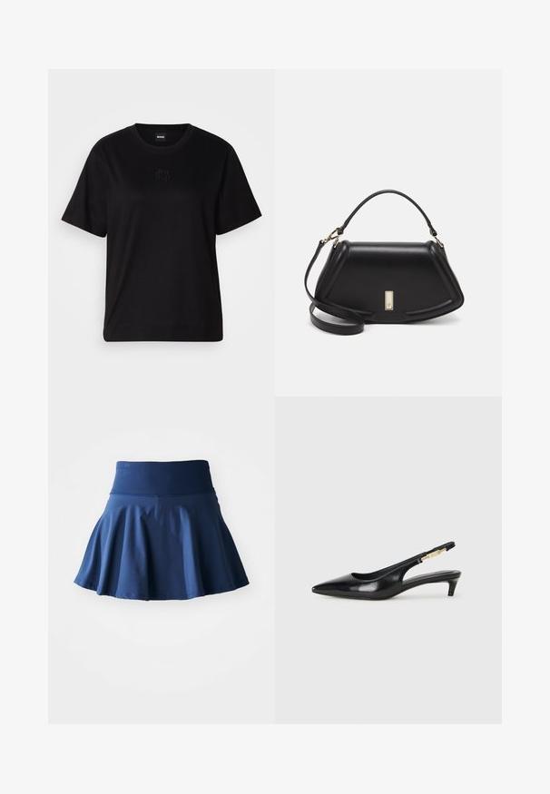 Mustmust särk, millel on ümar kaelus, lühikesed varrukad ja tindiga tikitud logo rinnal. Lihtne, mugav lõige ilma mustriteta.; Tumedat sinine laienev seelik, valmistatud pehmest ja venivast kangast. Omab laia, sileda vöökohta ja volditud disaini, mis lisab liikumisvabadust.; Mustad nahast slingback kontsad terava ninaga, millel on õhuke konts ja kuldse tooni aktsent reguleeritaval rihmal. Sile tekstuur.; Must mustrist käekott, millel on struktureeritud disain, lühendatud kuju, ülemine käepide ja kuldne metallist detail. Reguleeritav õlalihm on kaasas.
