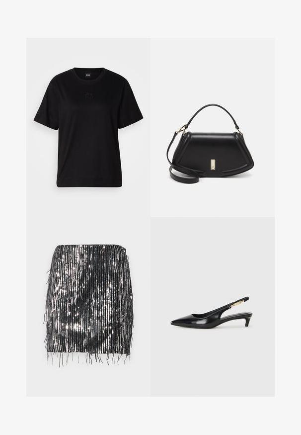 Fekete pamut póló kerek nyakkivágással, rövid ujjakkal és hímzett logóval a mellkasán. Egyszerű, laza szabás, minta nélkül.; Fekete flitteres mini szoknya függőleges rojt részletekkel, fényes textúrával és testhez simuló fazonnal. Az alja egyenes, de a rojtok hossza egyenetlen.; Fekete bőr slingback magassarkúk, hegyes orral, vékony sarkakkal és arany színű részlettel a állítható pánton. Simа felület.; Fekete bőr kézitáska, strukturált dizájnnal, rövidített formával, felső fogantyúval és arany színű kiegészítőkkel. Állítható vállpánt is tartozik hozzá.