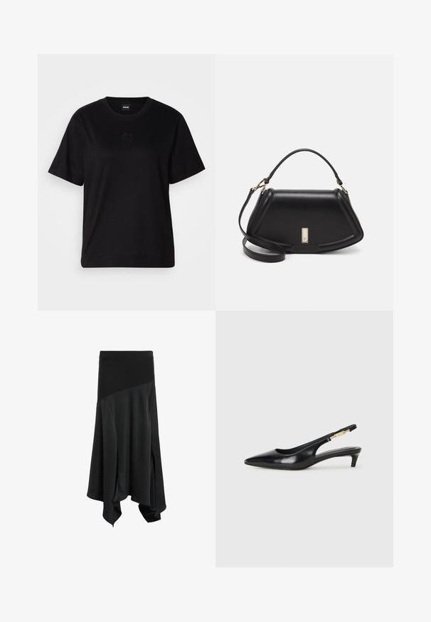 T-shirt en coton noir avec un col rond, des manches courtes et un logo brodé sur la poitrine. Coupe simple et décontractée sans motifs.; Jupe asymétrique noire avec une texture lisse, dotée d'une large taille élastique et d'entailles sur les côtés pour plus de mouvement et d'aisance.; Talons hauts en cuir noir avec un bout pointu, dotés d'un talon fin et d'un accent en ton or sur la lanière réglable. Texture lisse.; Sac à main en cuir noir avec un design structuré, featuring une forme cropped, une poignée supérieure et des accents en matériel doré. Bandoulière réglable incluse.