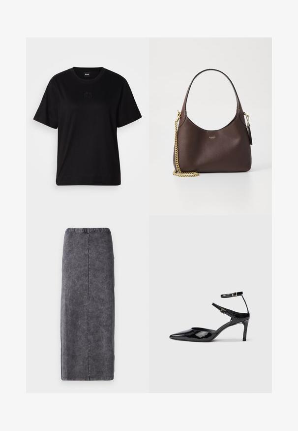 T-shirt negru din bumbac, cu guler rotund, mâneci scurte și un logo brodat pe piept. Design simplu, cu o croială relaxată și fără modele.; Fustă gri, până la genunchi, realizată dintr-un material texturat, cu croială dreaptă și talie elastică. Fără embellishments sau modele suplimentare.; Cizme cu toc din piele lacuită neagră, cu vârf ascuțit, curele reglabile la gleznă și un toc subțire. Textură netedă cu un finisaj lucios.; COACH BROOKLYN SHOULDER BAG 23 - Geantă de mână - maple