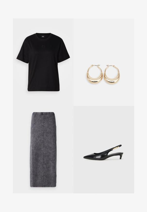 Črna bombažna majica s krožnim izrezom, kratkimi rokavi in izvezenim logotipom na prsih. Preprosta, sproščena silhueta brez vzorcev.; Siva, krilo do kolen iz teksturirane tkanine, z ravnim krojem in elastičnim pasom. Brez dodatnih okrasitev ali vzorcev.; Črne usnjene sandale na peto z ostro konico, ki imajo tanko peto in zlat ton na nastavljivem traku. Gladka tekstura.; Zlato obarvani uhani v obliki obroča s polmesecem, polirna površina in zaklepanje s tečajem. Gladka tekstura in odsevna površina povečujeta vidnost.