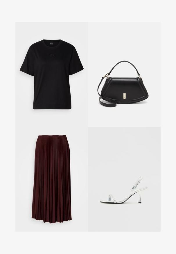 Svart bomullströja med rund halsringning, korta ärmar och en broderad logotyp på bröstet. Enkel, avslappnad passform utan mönster.; Burgundyröd plisserad kjol i mjukt tyg med resårmidja och en diskret logotyp. Hela längden design med vertikala plisseringar.; Silver patentläder slingback högklackad sandal med en smal tårem, justerbart spänne och en smal klack.; Svart läderhandväska med en strukturerad design, som har en avskuren form, ett handtag upptill och guldiga detaljer. Justerbar axelrem ingår.