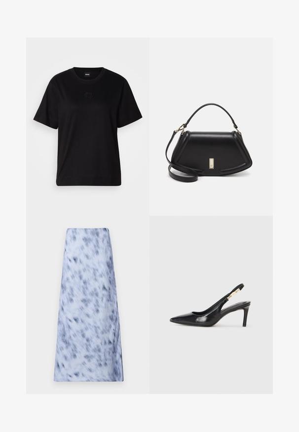 Svart bomull T-skjorte med rund hals, korte ermer og et brodert logo på brystet. Enkel, avslappet passform uten mønstre.; En lang, lyseblå skjørt med et uskarpt, mørkeblått mønster. Stoffet ser mykt ut med en jevn tekstur og et enkelt design.; Sorte skinn slingback høyhælte sko med spiss tå, glatt tekstur og en smal ankelrem med gullhardvareakenter.; Sort lærveske med en strukturert design, som har en avkortet form, topphåndtak og detaljer i gull. Justerbar skulderstropp inkludert.