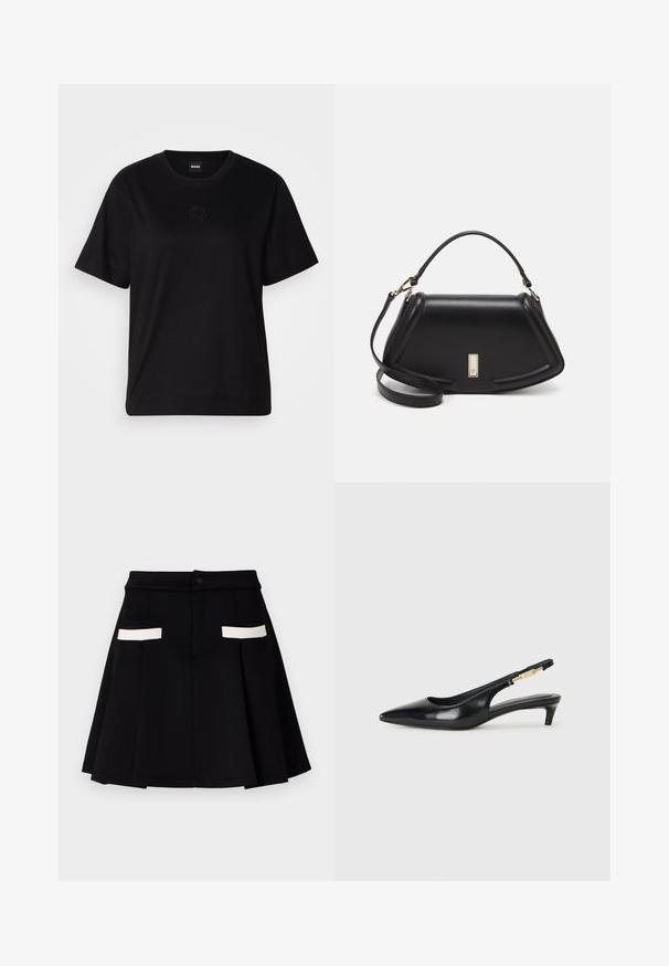 Maglietta in cotone nera con scollatura tonda, maniche corte e logo ricamato sul petto. Design semplice e vestibilità rilassata senza motivi.; Gonna nera con design svasato, dotata di due tasche frontali con dettagli bianchi, chiusura a bottone e una texture di tessuto liscia.; Tacchi slingback in pelle nera con punta affusolata, caratterizzati da un tacco alto e un accento dorato sulla cinghia regolabile. Texture liscia.; Borsa a mano in pelle nera con un design strutturato, caratterizzata da una forma corta, manico superiore e accessori in metallo dorato. Inclusa tracolla regolabile.