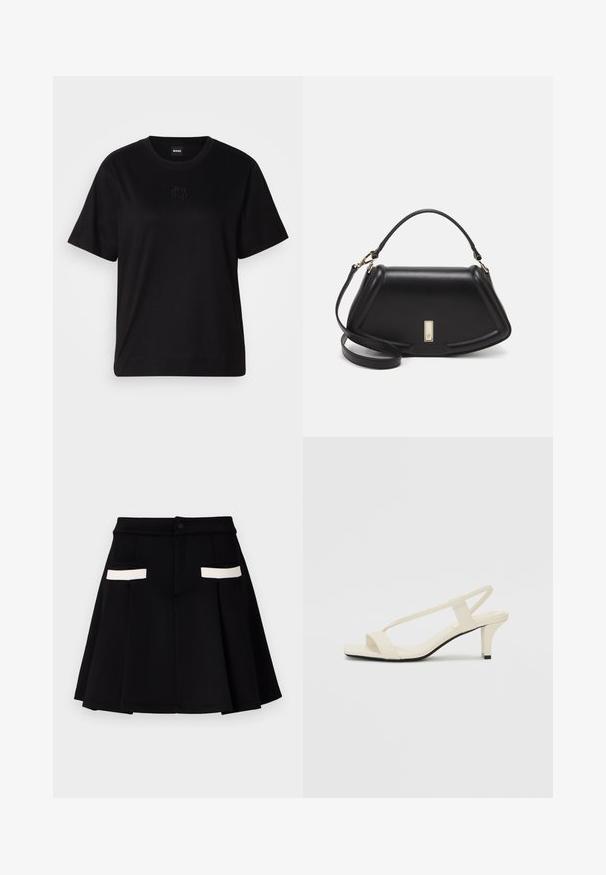 Svart bomull T-skjorte med rund hals, korte ermer og et brodert logo på brystet. Enkel, avslappet passform uten mønstre.; Svart skjørt med en flagrende design, med to frontlommer med hvite detaljer, knappelukking og en glatt stoffoverflate.; Beige blokk-høydesandaler med tynne stropper og firkantet tå. Glatt materiale med minimale detaljer, designet for enkel bruk.; Sort lærveske med en strukturert design, som har en avkortet form, topphåndtak og detaljer i gull. Justerbar skulderstropp inkludert.