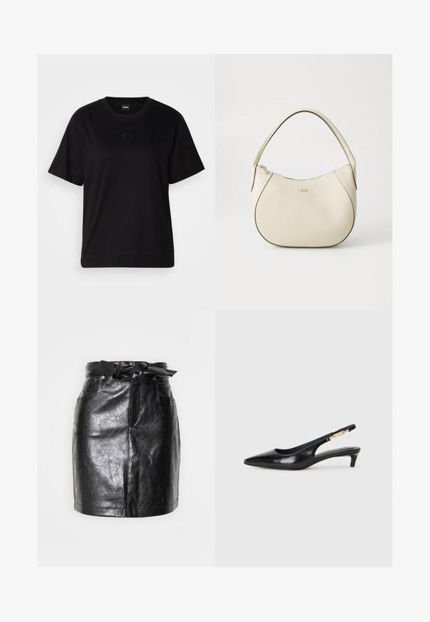 Crna pamučna majica s okruglim izrezom, kratkim rukavima i izvezenim logotipom na prsima. Jednostavan, opušten kroj bez uzorka.; Crna mini suknja od umjetne kože s visokim strukom, remenom, prednjim džepovima i glatkom sjajnom teksturom. Ima ravni kroj.; Crne kožne sandale s petom, s izduženim vrhom, imaju usku petu i zlatni akcent na podesivoj traci. Glatka tekstura.; Torbica boje krema s teksturiranim završetkom, zakrivljenog oblika, kratkom ručkom i logotipom u zlatnoj boji. Zatvarač na vrhu.