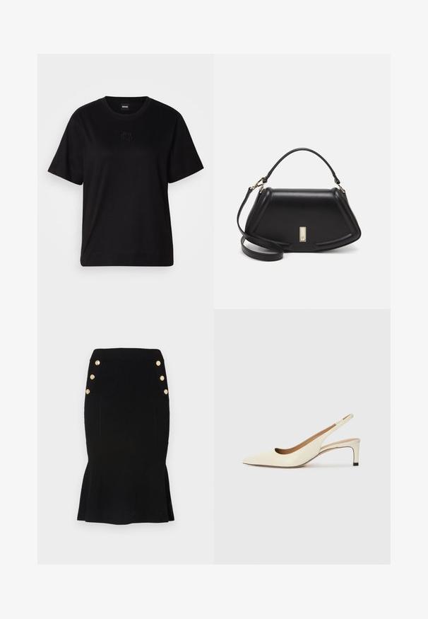 Μαύρο βαμβακερό μπλουζάκι με στρογγυλή λαιμόκοψη, κοντά μανίκια και κεντημένο λογότυπο στο στήθος. Απλή, χαλαρή γραμμή χωρίς σχέδια.; Μαύρη πλεκτή φούστα μολυβιού με ριγωτή υφή, φουσκωτό τελείωμα και χρυσά κουμπιά στην μέση για πρόσθετη λεπτομέρεια.; Μπαλαρίνα με μυτερή μύτη σε εκρού δέρμα, με χαμηλό τακούνι και κομψό σχέδιο κοπής, διαθέτοντας λεία υφή και ελάχιστες λεπτομέρειες.; Μαύρη δερμάτινη τσάντα με δομημένο σχέδιο, που διαθέτει κομμένο σχήμα, επάνω λαβή και χρυσά μεταλλικά στοιχεία. Περιλαμβάνει ρυθμιζόμενο λουρί ώμου.