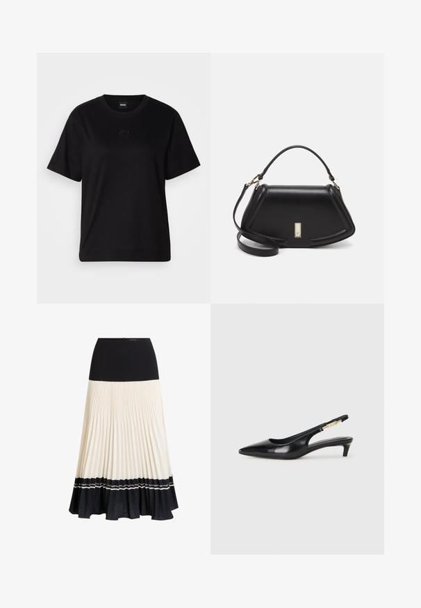Μαύρο βαμβακερό μπλουζάκι με στρογγυλή λαιμόκοψη, κοντά μανίκια και κεντημένο λογότυπο στο στήθος. Απλή, χαλαρή γραμμή χωρίς σχέδια.; Μίνι φούστα με πιέτες, που διαθέτει μαύρο πάνω μέρος, κρεμ πιέτες και μαύρη ραμμένη φάσα με λογότυπο. Κλείσιμο με φερμουάρ στο πίσω μέρος.; Μαύρες δερμάτινες γόβες slingback με μυτερή μύτη, διαθέτοντας λεπτό τακούνι και χρυσή λεπτομέρεια στην ρυθμιζόμενη λωρίδα. Λείος υφές.; Μαύρη δερμάτινη τσάντα με δομημένο σχέδιο, που διαθέτει κομμένο σχήμα, επάνω λαβή και χρυσά μεταλλικά στοιχεία. Περιλαμβάνει ρυθμιζόμενο λουρί ώμου.