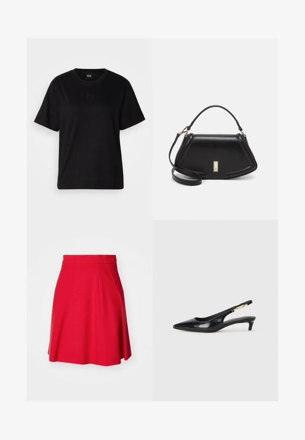 Zwarte katoenen t-shirt met een ronde hals, korte mouwen en een geborduurd logo op de borst. Eenvoudige, comfortabele pasvorm zonder patronen.; Rode skaterrok van lichtgewicht stof, met een aansluitende tailleband, subtiele plooien en een uitlopende zoom, die een soepele textuur biedt.; Zwarte leren slingback hakken met een spitse neus, voorzien van een slanke hak en een goudkleurige accent op de verstelbare band. Gladde textuur.; Zwarte leren handtas met een gestructureerd ontwerp, featuring een verkorte vorm, bovenhandvat en gouden hardwareaccent. Inclusief verstelbare schouderband.