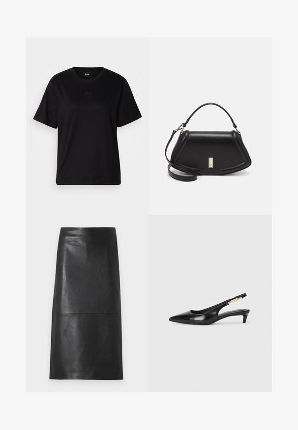 Musta puuvillapaita, jossa on pyöreä kaula-aukko, lyhyet hihat ja brodeerattu logo rinnassa. Yksinkertainen, rento istuvuus ilman kuvioita.; Mustapaitainen midi-hame, jossa on sileä pinta ja suora muotoilu. Hameessa on sauman yksityiskohta vyötäröllä ja sivuhalkio. Minimalistinen tyyli.; Mustat nahkaiset slingback-korkokengät, joissa on terävä kärki, ohuet korot ja kultasävytteinen yksityiskohta säädettävässä hihnassa. Silkkinen pinta.; Mustalla nahkalaukulla, jossa on jämäkkä muotoilu, lyhyt malli, yläkahva ja kultaiset yksityiskohdat. Säädettävä olkahihna sisältyy.