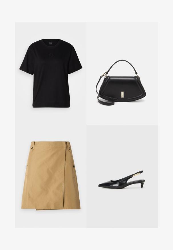 Fekete pamut póló kerek nyakkivágással, rövid ujjakkal és hímzett logóval a mellkasán. Egyszerű, laza szabás, minta nélkül.; Sima anyagból készült, elöl átlapolt szoknya, két oldalsó zsebbel és két gombbal a derékrészen.; Fekete bőr slingback magassarkúk, hegyes orral, vékony sarkakkal és arany színű részlettel a állítható pánton. Simа felület.; Fekete bőr kézitáska, strukturált dizájnnal, rövidített formával, felső fogantyúval és arany színű kiegészítőkkel. Állítható vállpánt is tartozik hozzá.