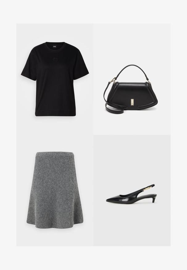 Svart bomull T-skjorte med rund hals, korte ermer og et brodert logo på brystet. Enkel, avslappet passform uten mønstre.; Grå A-formet skjørt laget av mykt, strukturert materiale. Har en tettsittende midje og utskjært nederkant, som gir en glatt silhuett.; Sorte lærreim hæler med spiss tå, som har en slank hæl og en gullfarget detalj på den justerbare stroppen. Glatt tekstur.; Sort lærveske med en strukturert design, som har en avkortet form, topphåndtak og detaljer i gull. Justerbar skulderstropp inkludert.