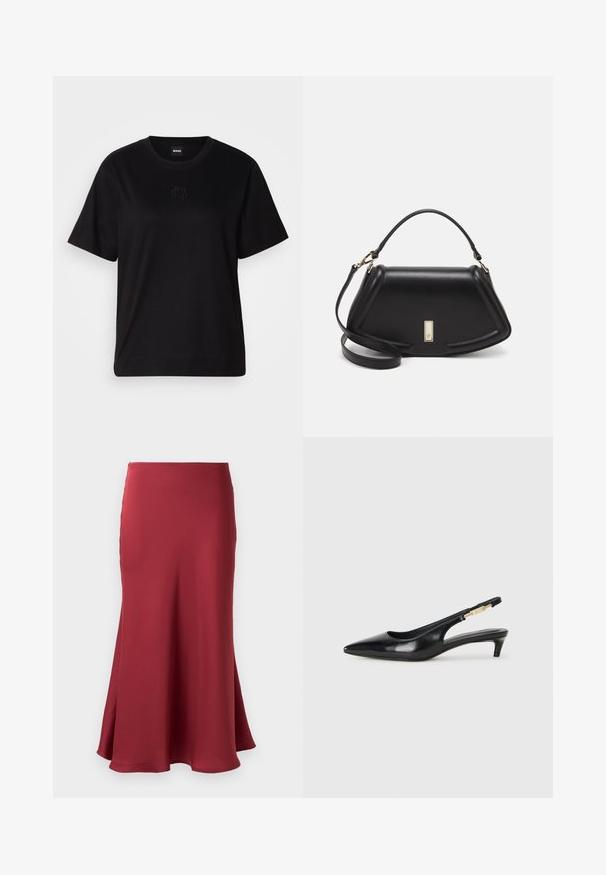 Svart bomull T-skjorte med rund hals, korte ermer og et brodert logo på brystet. Enkel, avslappet passform uten mønstre.; Burgunderfarget satengskjørt med en glatt tekstur, utsvakt silhuett og en kant som faller under kneet. Ingen synlig maskinvare eller mønstre.; Sorte lærreim hæler med spiss tå, som har en slank hæl og en gullfarget detalj på den justerbare stroppen. Glatt tekstur.; Sort lærveske med en strukturert design, som har en avkortet form, topphåndtak og detaljer i gull. Justerbar skulderstropp inkludert.
