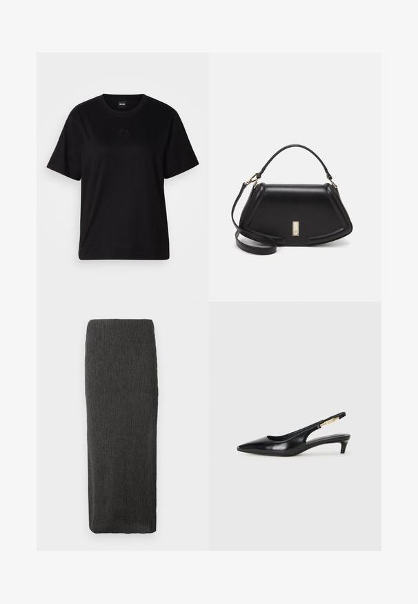 Black cotton t-shirt with a crew neckline, short sleeves, and an embroidered logo on the chest. Simple, relaxed fit with no patterns.; Long, straight black textured skirt with a high waist and a slight taper towards the hem on a white background.; Black leather slingback heels with a pointed toe, featuring a slim heel and a gold-tone accent on the adjustable strap. Smooth texture.; Black leather handbag with a structured design, featuring a cropped shape, top handle, and gold hardware accent. Adjustable shoulder strap included.