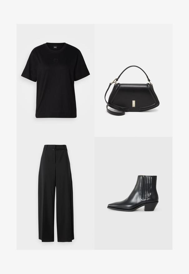 Camiseta de algodón negra con cuello redondo, mangas cortas y un logo bordado en el pecho. Ajuste simple y relajado sin patrones.; Pantalones de pierna ancha negros con cintura alta y cinturón. Presentan una textura suave y líneas limpias, diseñados para un ajuste relajado.; Bota de cuero negra de tobillo con punta afilada, paneles laterales elásticos con ranuras verticales y un tacón bajo y cuadrado. Textura suave y diseño elegante.; Bolso de mano de cuero negro con un diseño estructurado, que presenta una forma recortada, asa superior y acentos en dorado. Correa de hombro ajustable incluida.