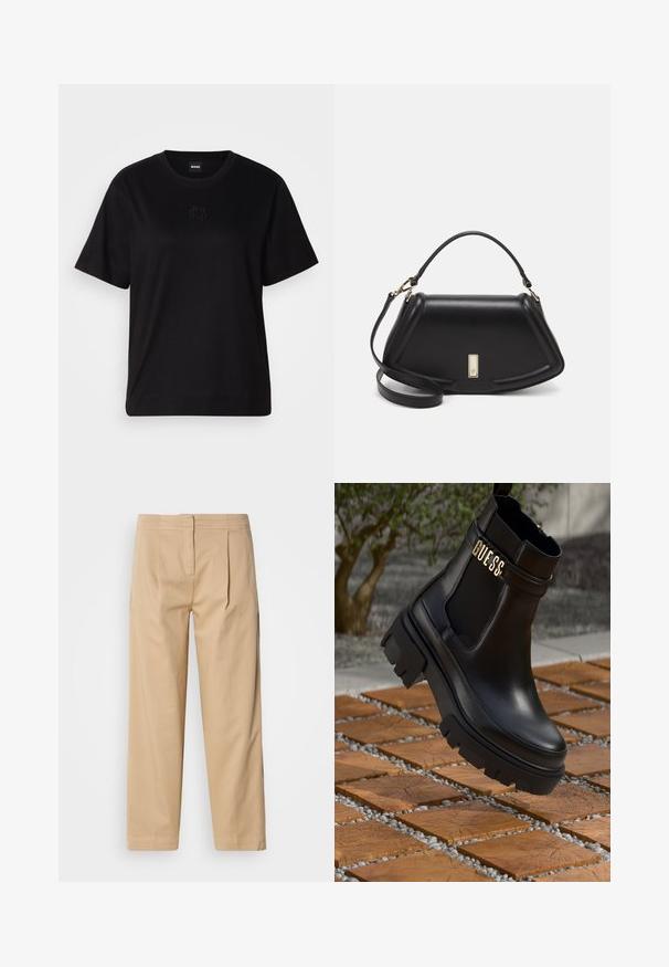 Camiseta de algodón negra con cuello redondo, mangas cortas y un logo bordado en el pecho. Ajuste simple y relajado sin patrones.; Pantalones de algodón beige con un corte relajado, que cuentan con dos pliegues frontales, pierna recta y un cierre clásico de botón en la cintura.; Botín de cuero negro que presenta una suela de goma gruesa, paneles laterales elásticos y un acento dorado con la marca "GUESS".; Bolso de mano de cuero negro con un diseño estructurado, que presenta una forma recortada, asa superior y acentos en dorado. Correa de hombro ajustable incluida.