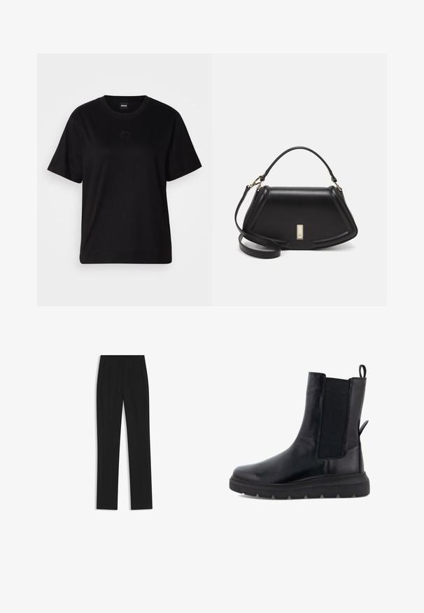 Maglietta in cotone nera con scollatura tonda, maniche corte e logo ricamato sul petto. Design semplice e vestibilità rilassata senza motivi.; Pantaloni neri su misura con un design a gamba dritta, dotati di tasche frontali e un tessuto liscio e strutturato. Dettagli ordinati e minimalisti.; Stivaletto nero realizzato in pelle liscia con pannelli elasticizzati sui lati, un tassello sul retro e una suola in gomma spessa.; Borsa a mano in pelle nera con un design strutturato, caratterizzata da una forma corta, manico superiore e accessori in metallo dorato. Inclusa tracolla regolabile.