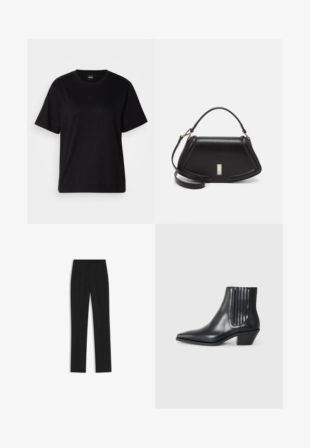 Black cotton t-shirt with a crew neckline, short sleeves, and an embroidered logo on the chest. Simple, relaxed fit with no patterns.; Black tailored trousers with a straight-leg design, featuring front pockets and a smooth, textured fabric. Neat, minimal detailing.; Black leather ankle boot with pointed toe, elastic side panels with vertical grooves, and a low block heel. Smooth texture and sleek design.; Black leather handbag with a structured design, featuring a cropped shape, top handle, and gold hardware accent. Adjustable shoulder strap included.