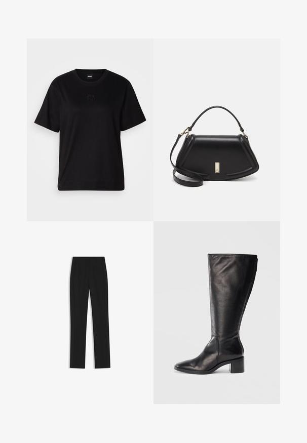 Czarny bawełniany t-shirt z okrągłym dekoltem, krótkimi rękawami i haftowanym logo na piersi. Prosty, luźny krój bez wzorów.; Czarne spodnie o dopasowanym kroju z prostymi nogawkami, z przednimi kieszeniami i gładką, teksturowaną tkaniną. Schludne, minimalistyczne wykończenie.; Czarne skórzane kozaki do kolan z kwadratowym noskiem, blokowym obcasem i eleganckim designem. Gładka tekstura z bocznym zamkiem ułatwiającym zakładanie.; Czarna skórzana torebka o strukturalnym designie, z przyciętą formą, górnym uchwytem i złotymi akcentami. W zestawie regulowany pasek na ramię.
