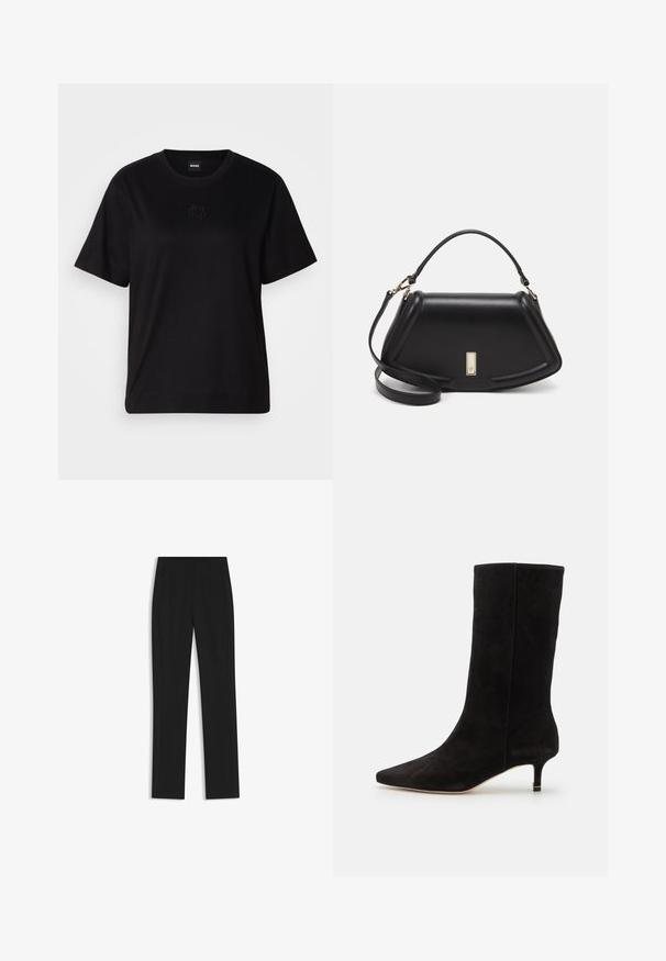 Black cotton t-shirt with a crew neckline, short sleeves, and an embroidered logo on the chest. Simple, relaxed fit with no patterns.; Black tailored trousers with a straight-leg design, featuring front pockets and a smooth, textured fabric. Neat, minimal detailing.; Black suede ankle boot with a pointed toe and a thin, short heel. The design features a smooth texture and a fitted silhouette.; Black leather handbag with a structured design, featuring a cropped shape, top handle, and gold hardware accent. Adjustable shoulder strap included.