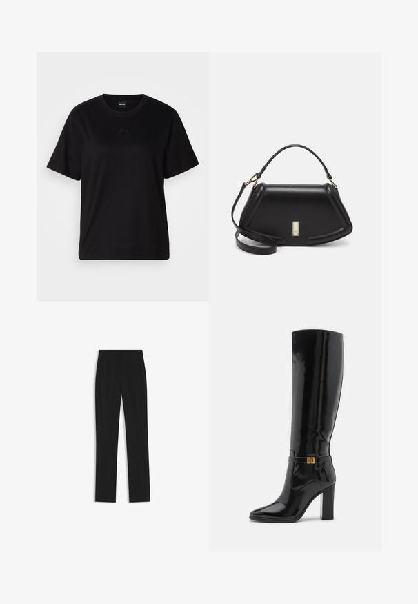 Maglietta in cotone nera con scollatura tonda, maniche corte e logo ricamato sul petto. Design semplice e vestibilità rilassata senza motivi.; Pantaloni neri su misura con un design a gamba dritta, dotati di tasche frontali e un tessuto liscio e strutturato. Dettagli ordinati e minimalisti.; Stivali neri in pelle lucida al ginocchio con punta affilata, accenti in metallo dorato e tacco robusto. Superficie liscia e lucida con dettagli minimi.; Borsa a mano in pelle nera con un design strutturato, caratterizzata da una forma corta, manico superiore e accessori in metallo dorato. Inclusa tracolla regolabile.