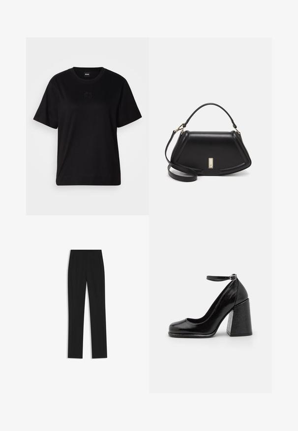 Maglietta in cotone nera con scollatura tonda, maniche corte e logo ricamato sul petto. Design semplice e vestibilità rilassata senza motivi.; Pantaloni neri su misura con un design a gamba dritta, dotati di tasche frontali e un tessuto liscio e strutturato. Dettagli ordinati e minimalisti.; HUGO KIORA - Decolleté - black; Borsa a mano in pelle nera con un design strutturato, caratterizzata da una forma corta, manico superiore e accessori in metallo dorato. Inclusa tracolla regolabile.