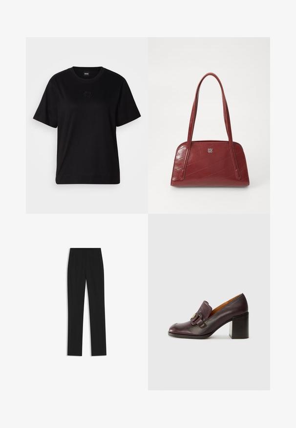 Maglietta in cotone nera con scollatura tonda, maniche corte e logo ricamato sul petto. Design semplice e vestibilità rilassata senza motivi.; Pantaloni neri su misura con un design a gamba dritta, dotati di tasche frontali e un tessuto liscio e strutturato. Dettagli ordinati e minimalisti.; Chie Mihara NOWA - Decolleté - kimera grape; Borsa a spalla trapuntata rossa realizzata in materiale lucido, con due manici lunghi e un'accento con logo argentato. La cucitura diagonale crea una texture.