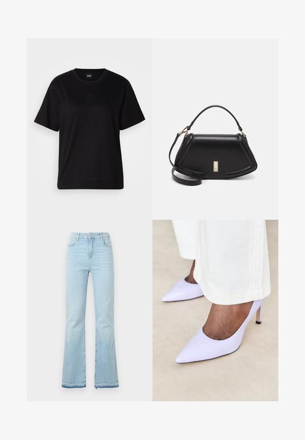 Camiseta de algodón negra con cuello redondo, mangas cortas y un logo bordado en el pecho. Ajuste simple y relajado sin patrones.; Pantalones de mezclilla acampanados de color azul claro, con una cintura alta, bolsillos frontales y un dobladillo sin rematar en los puños para un look casual.; BOSS JANET - Zapatos altos - medium purple; Bolso de mano de cuero negro con un diseño estructurado, que presenta una forma recortada, asa superior y acentos en dorado. Correa de hombro ajustable incluida.