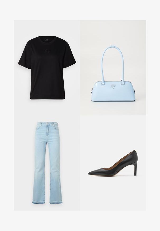Svart bomullströja med rund halsringning, korta ärmar och en broderad logotyp på bröstet. Enkel, avslappnad passform utan mönster.; Ljusblå utsvängda jeans i denim med hög midja, framfickor och rå kant vid bensluten för en avslappnad stil.; Svart läder högklackad sko med spetsig tå, slank silhuett och en smal häl. Har en slät yta och minimala hårdvaruaccents.; Ljusblå handväska med en strukturerad form, slät lädermaterial, två handtag och en triangulär logotyp framtill. Dragkedjestängning.