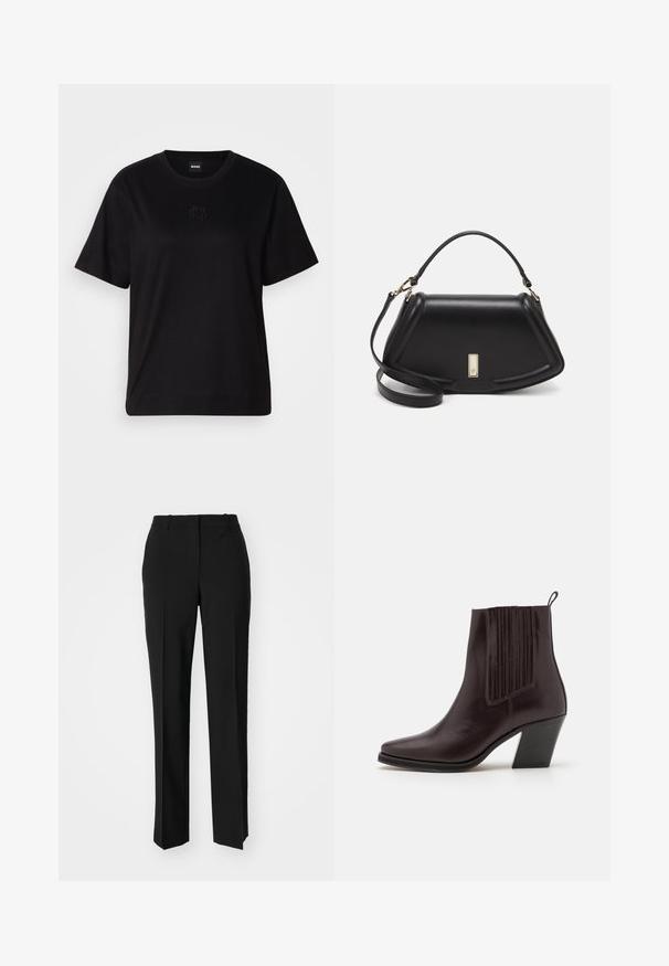 Black cotton t-shirt with a crew neckline, short sleeves, and an embroidered logo on the chest. Simple, relaxed fit with no patterns.; Black tailored trousers with a straight-leg design, featuring a smooth texture and crisp creases along the front. No visible hardware.; Dark brown leather ankle boot with a pointed toe, vertical ribbed detailing on the side, and a mid-height block heel.; Black leather handbag with a structured design, featuring a cropped shape, top handle, and gold hardware accent. Adjustable shoulder strap included.