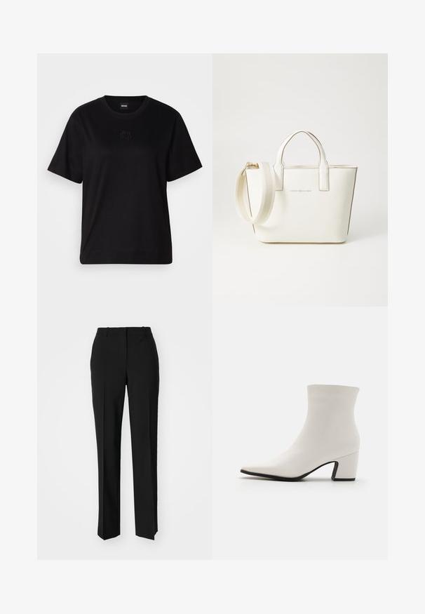 T-shirt en coton noir avec un col rond, des manches courtes et un logo brodé sur la poitrine. Coupe simple et décontractée sans motifs.; Pantalon noir ajusté avec une coupe droite, présentant une texture lisse et des plis nets sur le devant. Aucune quincaillerie visible.; RAID DELPHIE - Bottines - white; Sac à main en simili cuir blanc avec de courtes poignées, une bandoulière réglable et des garnitures en ton or ; arbore un logo subtil à l'avant.