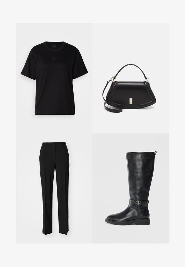 Black cotton t-shirt with a crew neckline, short sleeves, and an embroidered logo on the chest. Simple, relaxed fit with no patterns.; Black tailored trousers with a straight-leg design, featuring a smooth texture and crisp creases along the front. No visible hardware.; Black leather knee-high boot with low heel, round toe, and metallic "CK" logo buckle strap around the ankle.; Black leather handbag with a structured design, featuring a cropped shape, top handle, and gold hardware accent. Adjustable shoulder strap included.