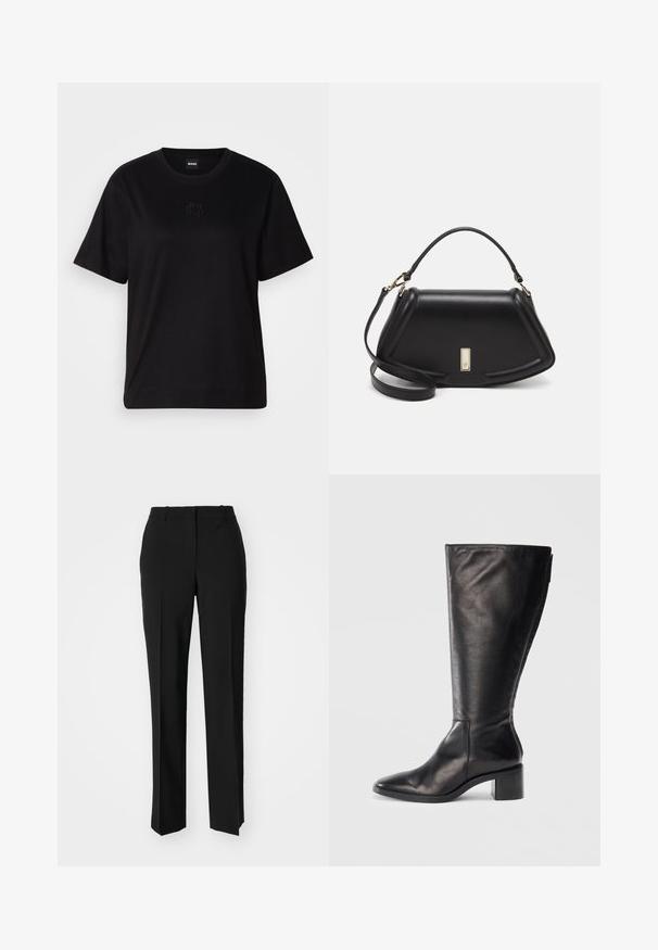 Camiseta de algodón negra con cuello redondo, mangas cortas y un logo bordado en el pecho. Ajuste simple y relajado sin patrones.; Pantalones negros ajustados con un diseño de pierna recta, que presentan una textura suave y pliegues nítidos en el frente. Sin herrajes visibles.; Bota de cuero negra hasta la rodilla con punta cuadrada, tacón cuadrado y diseño elegante. Textura suave con cremallera lateral para facilitar su uso.; Bolso de mano de cuero negro con un diseño estructurado, que presenta una forma recortada, asa superior y acentos en dorado. Correa de hombro ajustable incluida.