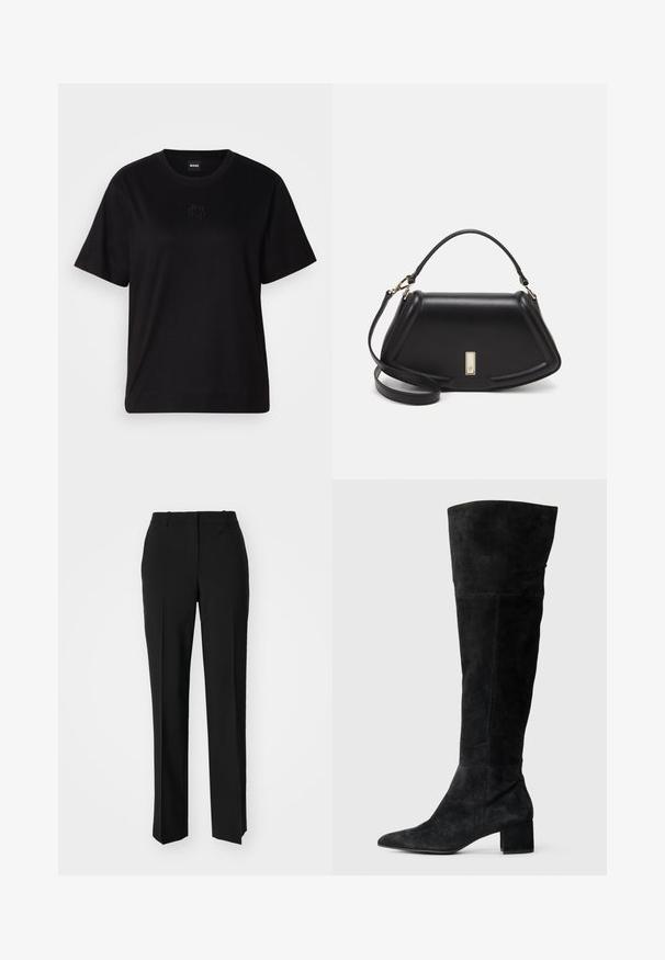 Czarny bawełniany t-shirt z okrągłym dekoltem, krótkimi rękawami i haftowanym logo na piersi. Prosty, luźny krój bez wzorów.; Czarne spodnie o dopasowanym kroju z prostymi nogawkami, o gładkiej fakturze i wyraźnych zagięciach z przodu. Bez widocznych elementów metalowych.; Czarne zamszowe kozaki za kolano z ostrym noskiem i słupkowym obcasem. Gładka faktura z pionowymi szwami.; Czarna skórzana torebka o strukturalnym designie, z przyciętą formą, górnym uchwytem i złotymi akcentami. W zestawie regulowany pasek na ramię.
