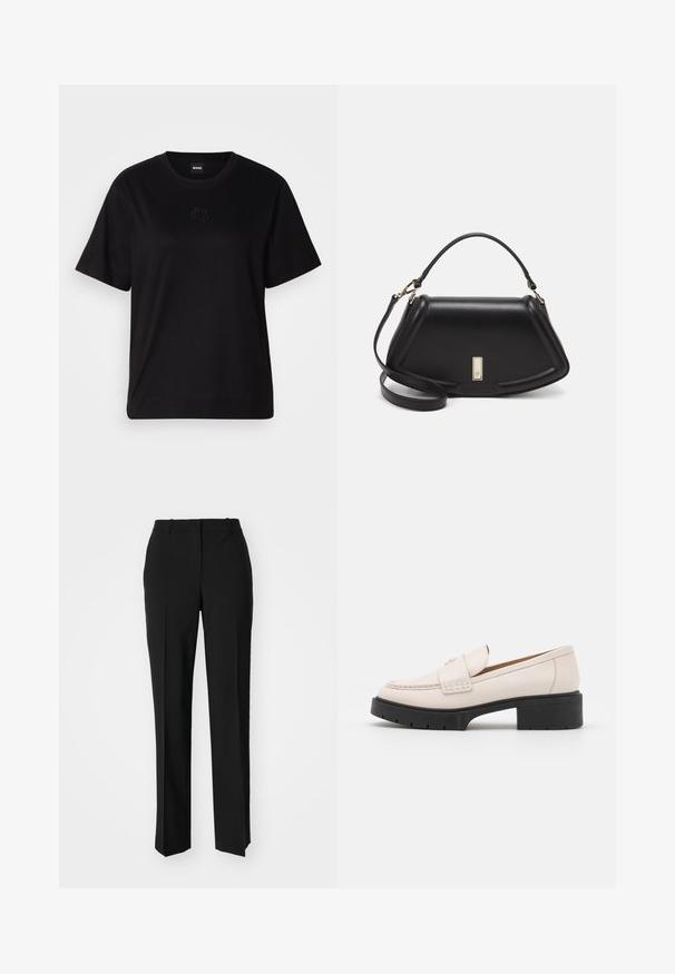 Czarny bawełniany t-shirt z okrągłym dekoltem, krótkimi rękawami i haftowanym logo na piersi. Prosty, luźny krój bez wzorów.; Czarne spodnie o dopasowanym kroju z prostymi nogawkami, o gładkiej fakturze i wyraźnych zagięciach z przodu. Bez widocznych elementów metalowych.; Jasno beżowe skórzane mokasyny z haftowanym przodem i teksturowanym czarnym obcasem. Charakteryzują się zaokrąglonym kształtem i lekkim podniesieniem.; Czarna skórzana torebka o strukturalnym designie, z przyciętą formą, górnym uchwytem i złotymi akcentami. W zestawie regulowany pasek na ramię.