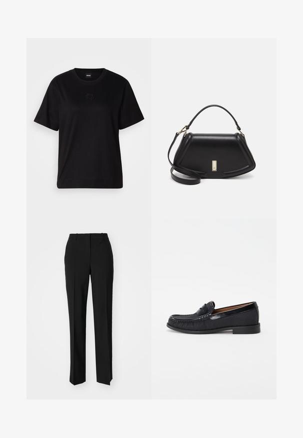 Black cotton t-shirt with a crew neckline, short sleeves, and an embroidered logo on the chest. Simple, relaxed fit with no patterns.; Black tailored trousers with a straight-leg design, featuring a smooth texture and crisp creases along the front. No visible hardware.; Black slip-on loafers made of textured fabric with a glossy leather accent and subtle stitching details, featuring a low rubber heel.; Black leather handbag with a structured design, featuring a cropped shape, top handle, and gold hardware accent. Adjustable shoulder strap included.