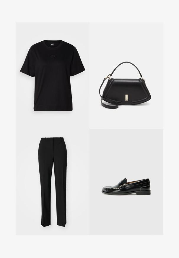 Black cotton t-shirt with a crew neckline, short sleeves, and an embroidered logo on the chest. Simple, relaxed fit with no patterns.; Black tailored trousers with a straight-leg design, featuring a smooth texture and crisp creases along the front. No visible hardware.; Black leather loafer with a stitched design, smooth finish, low block heel, and silver accent detailing. Classic rounded toe shape.; Black leather handbag with a structured design, featuring a cropped shape, top handle, and gold hardware accent. Adjustable shoulder strap included.