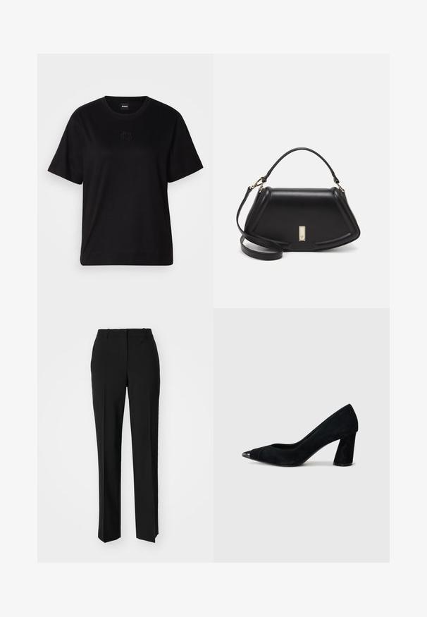 Black cotton t-shirt with a crew neckline, short sleeves, and an embroidered logo on the chest. Simple, relaxed fit with no patterns.; Black tailored trousers with a straight-leg design, featuring a smooth texture and crisp creases along the front. No visible hardware.; Black suede high heel shoe with a pointed toe and textured surface, featuring a glossy black cap toe and a chunky block heel.; Black leather handbag with a structured design, featuring a cropped shape, top handle, and gold hardware accent. Adjustable shoulder strap included.