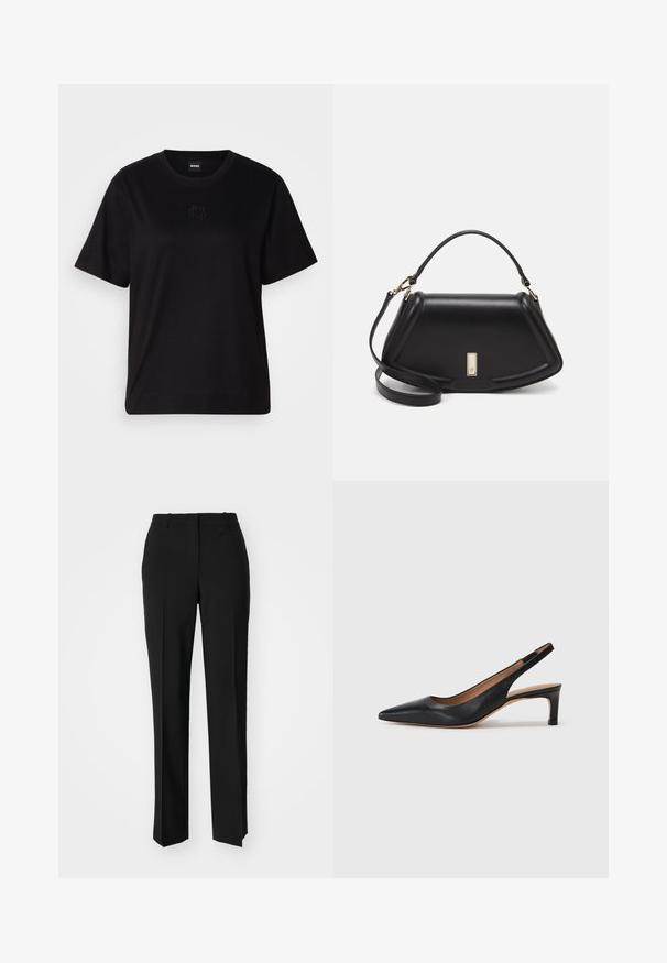 Czarny bawełniany t-shirt z okrągłym dekoltem, krótkimi rękawami i haftowanym logo na piersi. Prosty, luźny krój bez wzorów.; Czarne spodnie o dopasowanym kroju z prostymi nogawkami, o gładkiej fakturze i wyraźnych zagięciach z przodu. Bez widocznych elementów metalowych.; Czarne skórzane czółenka na potylicy z wydłużonym noskiem, niskim obcasem i gładką fakturą. Posiadają cienki, regulowany pasek zapewniający pewne dopasowanie.; Czarna skórzana torebka o strukturalnym designie, z przyciętą formą, górnym uchwytem i złotymi akcentami. W zestawie regulowany pasek na ramię.