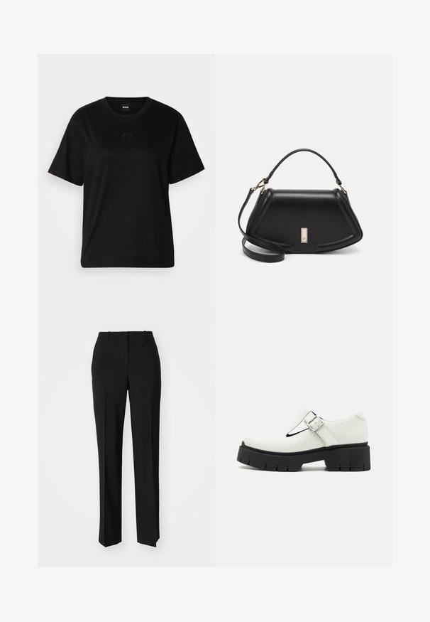 Maglietta in cotone nera con scollatura tonda, maniche corte e logo ricamato sul petto. Design semplice e vestibilità rilassata senza motivi.; Pantaloni neri su misura con un design a gamba dritta, caratterizzati da una texture liscia e pieghe ben definite sul davanti. Senza hardware visibile.; Scarpa in pelle bianca lucida con design a T, fibbia argentata, suola in gomma nera spessa e dettagli testurizzati sul tallone e sulla suola.; Borsa a mano in pelle nera con un design strutturato, caratterizzata da una forma corta, manico superiore e accessori in metallo dorato. Inclusa tracolla regolabile.