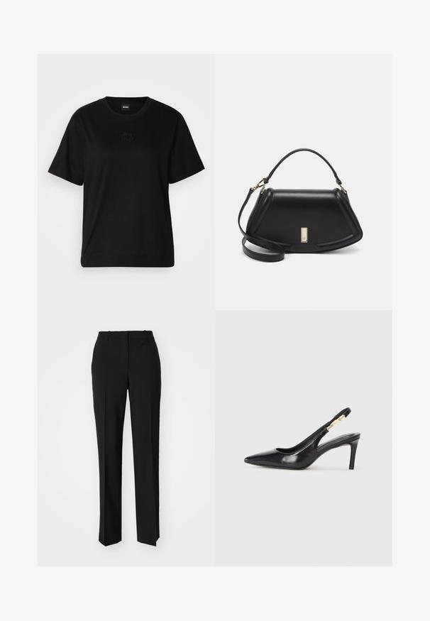 T-shirt negru din bumbac, cu guler rotund, mâneci scurte și un logo brodat pe piept. Design simplu, cu o croială relaxată și fără modele.; Pantaloni negri tailor-ed cu un design drept, având o textură fină și cute clare pe față. Fără elemente de prindere vizibile.; Pantofii cu toc înalt din piele neagră, cu spatele descoperit, având vârful ascuțit, textură netedă și o curea îngustă pentru glezna cu accente aurii.; Geantă de umăr din piele neagră, cu un design structurat, având o formă tăiată, mânere superioare și accente din aur. Include o curea de umăr ajustabilă.