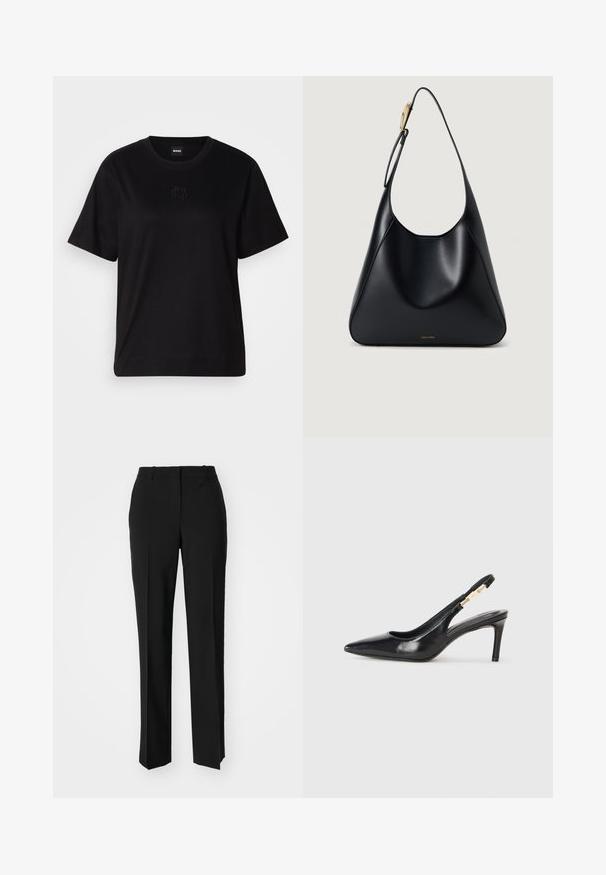 Čierne bavlnené tričko s okrúhlym výstrihom, krátkymi rukávmi a vyšívaným logom na hrudi. Jednoduchý, voľný strih bez vzorov.; Čierne krajčírské nohavice so strihom rovného nohu, s hladkou textúrou a ostrými skladmi pozdĺž prednej časti. Žiadne viditeľné hardvér.; Čierna kožená lodička na podpätku so špicatou špičkou, hladkou textúrou a úzkym remienkom okolo členka s zlatými akcentmi.; Čierna kožená taška cez rameno s hladkou textúrou, zakrivenou siluetou a zlatými kovovými akcentmi. Vytlačené logo značky sa nachádza na spodnej časti.